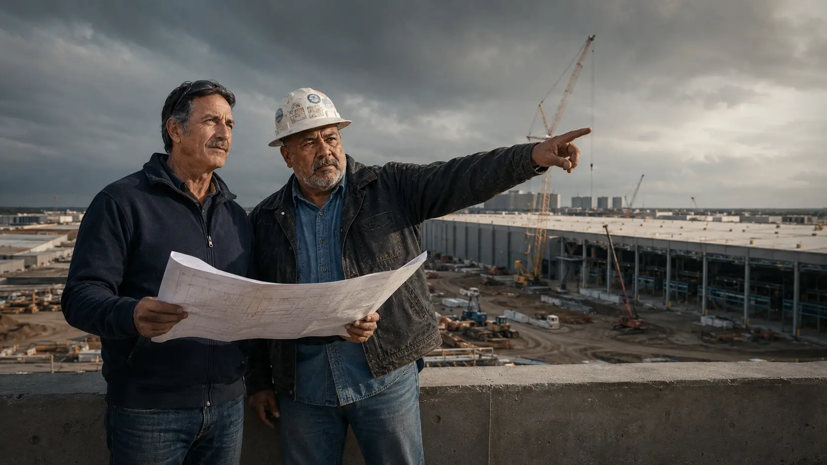 Randy Dawson and Hector Martinez review plans at a hyperscale data center project