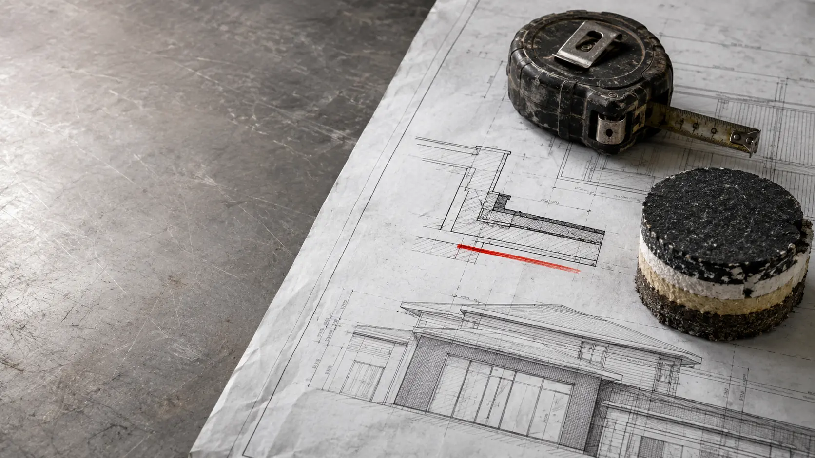 Roof assembly plans, a tape measure and a roofing material core sample on a steel workbench